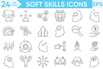 soft skills. Linear icon collection. Editable stroke.Soft skills line icon set. Containing communication, teamwork, empathy, time management and work ethics icons.