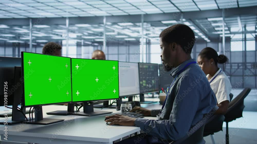 Poster system administrator in server hub ensuring data remains shielded from threats using multi monitor m