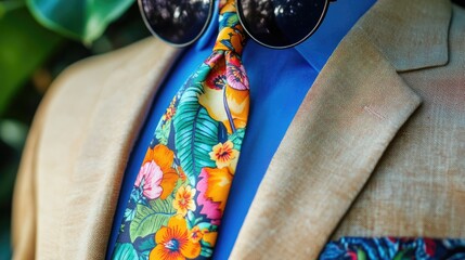 Fototapeta premium Stylish Attire with Floral Tie and Sunglasses Against Greenery