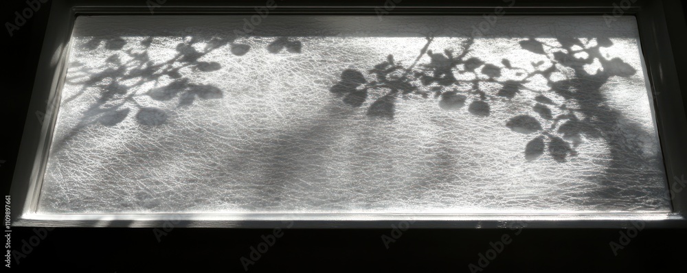 Poster a window frame casting shadows of leaves onto a textured surface, creating a serene atmosphere.