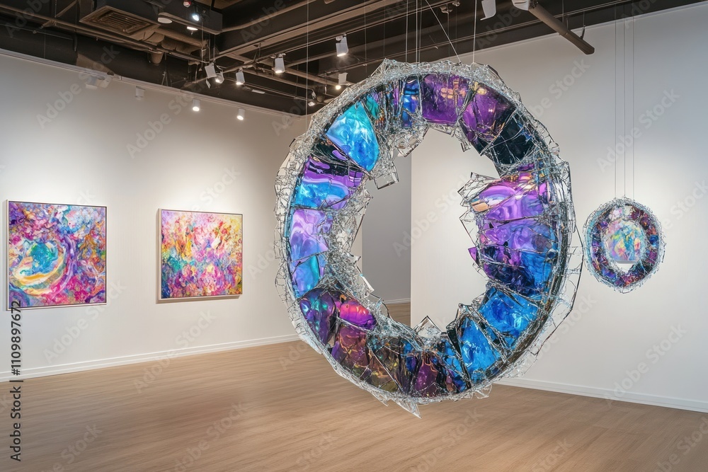 Poster a colorful art installation featuring abstract designs and reflective elements in a gallery.