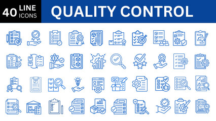 Quality control set of web icons in line style. Quality control icon set. 40 Containing inspection, evaluation, product, quality assurance, process, testing and more. Solid vector icons collection.