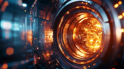 Glowing orange core inside futuristic metallic tech machine.