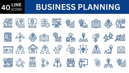 business planning icons in line style. Strategy action planning icons for web and mobile app. Containing strategy, analysis, planning, business growth, strategy, analysis, 