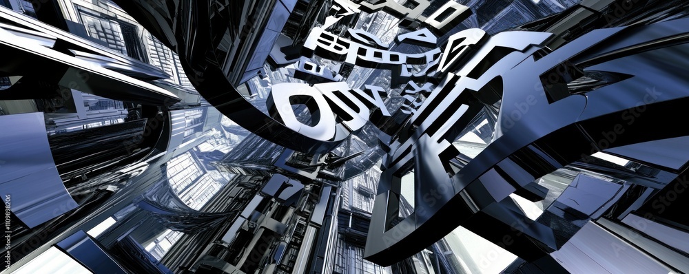 Poster a futuristic, abstract design featuring intricate metallic structures and dynamic shapes.