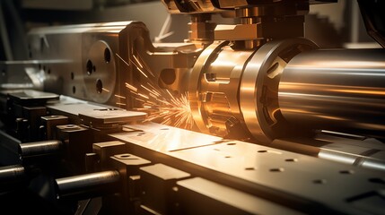 Machine tools shaping metal  Golden Hour Lighting space on the left side,generative ai illustration