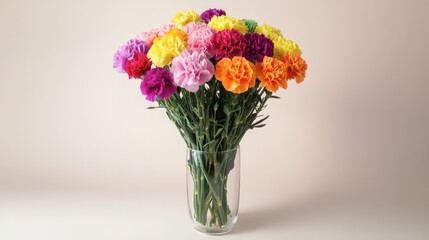 Obraz premium Colorful Carnation Bouquet in Clear Vase on Light Background