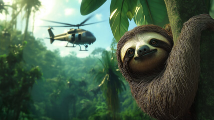 Obraz premium Sloth hanging on tree with helicopter flying over rainforest