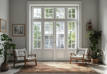 Fototapeta premium Serene living room interior with large windows, wooden armchairs, and an oriental rug. Natural light floods the space, creating a calm and inviting atmosphere.