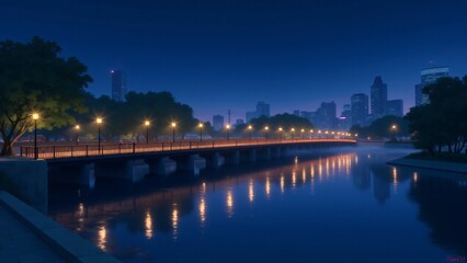 Obraz premium A pedestrian bridge crossing over a calm river at night. Lanterns line the bridge, casting warm glows on the water, with faint city lights in the distance. anime