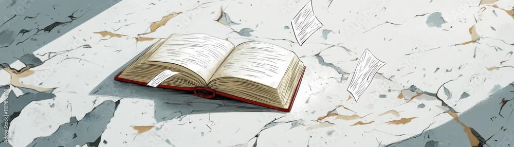 Poster an open book rests on a marble surface, surrounded by floating pages.