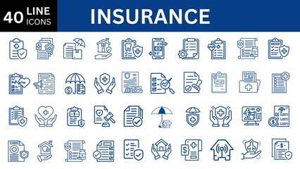 Insurance thin line icons set. Insurance editable stroke symbols collection. Life, car, house, care, money, pet insurance editable stroke icon. Vector illustration