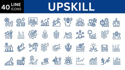 Set of line icons related to upskill, upskilling, personal growth, development, education, career. Outline icon collection. Editable stroke. Vector illustration