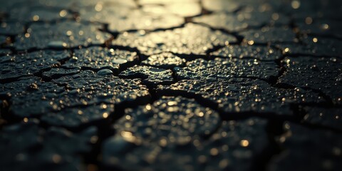 Close-up of a cracked, textured surface with glistening water droplets reflecting the warm light of the setting sun