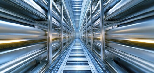 Obraz premium Automated retrieval system, futuristic aesthetic, silver and blue, top view focus, with high-tech machinery and optimized space utilization background.