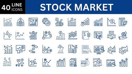 Set of 40 Stock Market web icons in line style. Investment, finance, table, bear, bull, stock exchange, profits, trading, growth ,collection. Vector illustration.