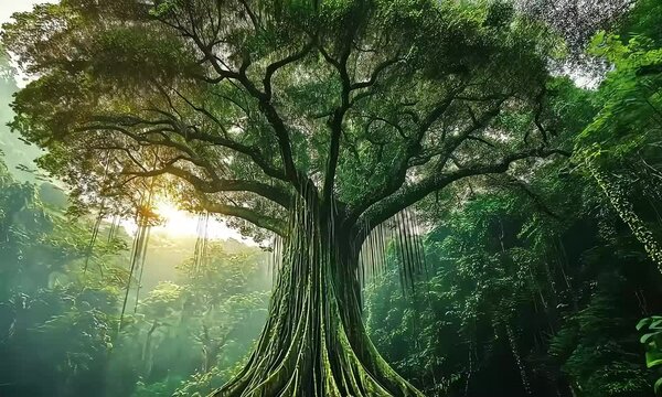 Majestic Samauma Tree Towering Over Dense Amazon Rainforest Canopy, Nature's Green Biodiversity
