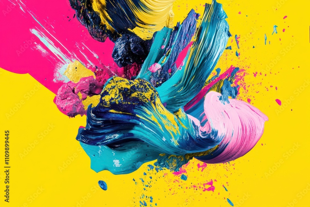 Poster vibrant abstract paint splashes on a bright yellow background create a dynamic visual impact.