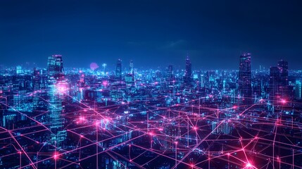 Fototapeta premium A cityscape with many buildings and a network of red dots connecting them. Concept of connectivity and interdependence between the buildings and the people who live and work in them