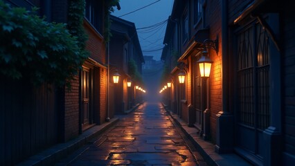 Fototapeta premium A narrow pathway lined with lanterns, casting a warm, inviting glow. The path winds through an urban neighborhood, creating a nostalgic and dreamy atmosphere. anime