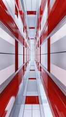 Safety gear layout, minimalist design, gleaming silver and red, top view emphasis, featuring tidy shelves and unobstructed walkways backdrop.