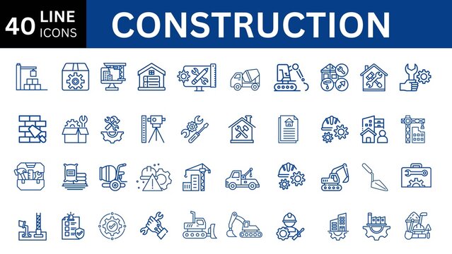 set of line icons related to construction. Construct, worker, tools, machines, oil, wall, drill, measure, excavator and so on. Vector outline icons set.