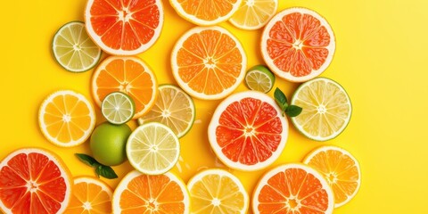 A vibrant citrus collection featuring orange slices, lemons, limes, and grapefruits against a bright yellow background.