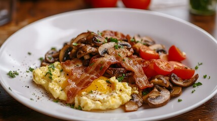 Delicious Breakfast Platter: Eggs, Bacon, Mushrooms, and Tomatoes
