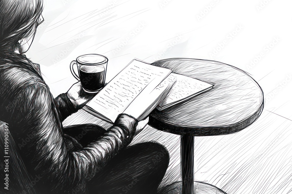 Aufkleber a person reading a book while enjoying a coffee at a small table in a cozy setting.