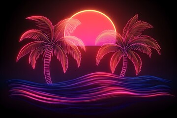 An eye-catching illustration of a neon wireframe beach scene during the magical moment of sunrise on a dark background.
