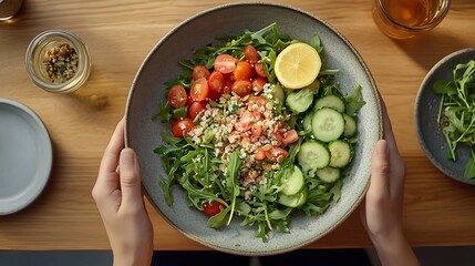 A person enjoying a plant-based salad with arugula, tomatoes, cucumbers, and a lemon dressing, sitting at a wooden table 