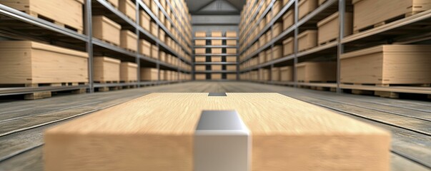 Obraz premium Warehouse storage solutions, modern industrial design, metal and wood, front view focus, showcasing organized shelving and streamlined workflow setup.