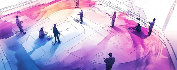 A vibrant scene depicting people interacting in a creative, collaborative space.