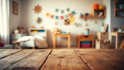 Rustic wooden table surface with a blurred background of a child's bedroom, featuring a bed, shelves, toys, and a festive banner.