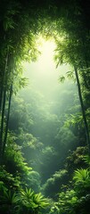 Obraz premium Serene bamboo forest, sunlight filtering through lush green canopy, tranquil nature scene, peaceful jungle, vibrant foliage, mystical atmosphere.