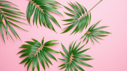 A vibrant arrangement of lush green palm leaves against a soft pink background, creating a striking contrast and evoking a sense of tropical serenity.