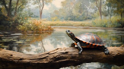 Painted turtle basking on log by tranquil pond.