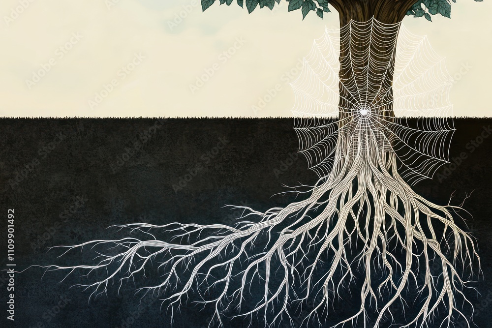 Poster a tree with roots intertwined with a spider web, symbolizing connection and nature's balance.