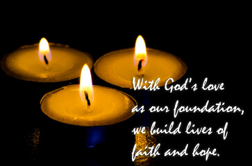 Christianity prayer and quotes regarding faith and God with Holy Rosary, Bible and burning candles...