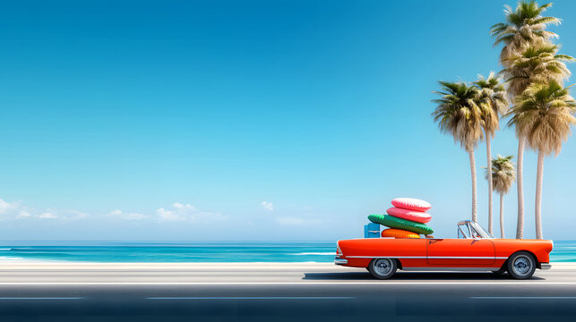 A vibrant vintage convertible filled with beach gear cruising by the shore under a bright sunny sky, evoking a sense of summer adventure.