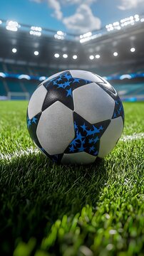 Soccer ball on green grass in a large stadium under bright lights