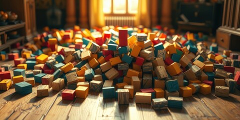Obraz premium A Pile of Colorful Wooden Blocks Scattered on a Wooden Floor in a Sunlit Room