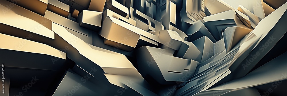 Poster abstract geometric forms create a dynamic, futuristic landscape.