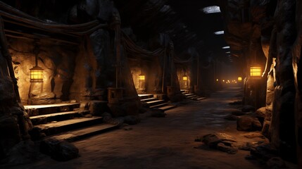 Fototapeta premium Underground coal mine tunnels, ambient light, space on the right,generative ai illustration