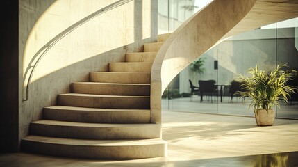 Obraz premium A modern staircase design with soft lighting and a potted plant in a spacious interior.