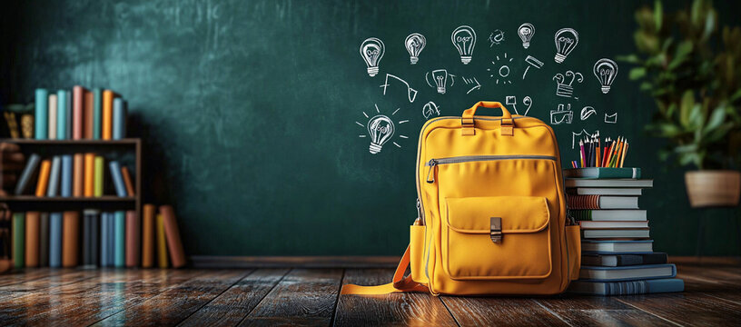A vibrant image featuring a yellow backpack against a chalkboard backdrop, ideal for educational marketing, back-to-school promotions, and classroom decor.