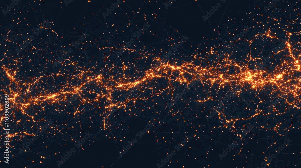 Poster a cosmic view showcasing a network of star-like points connected by luminous filaments against a dar
