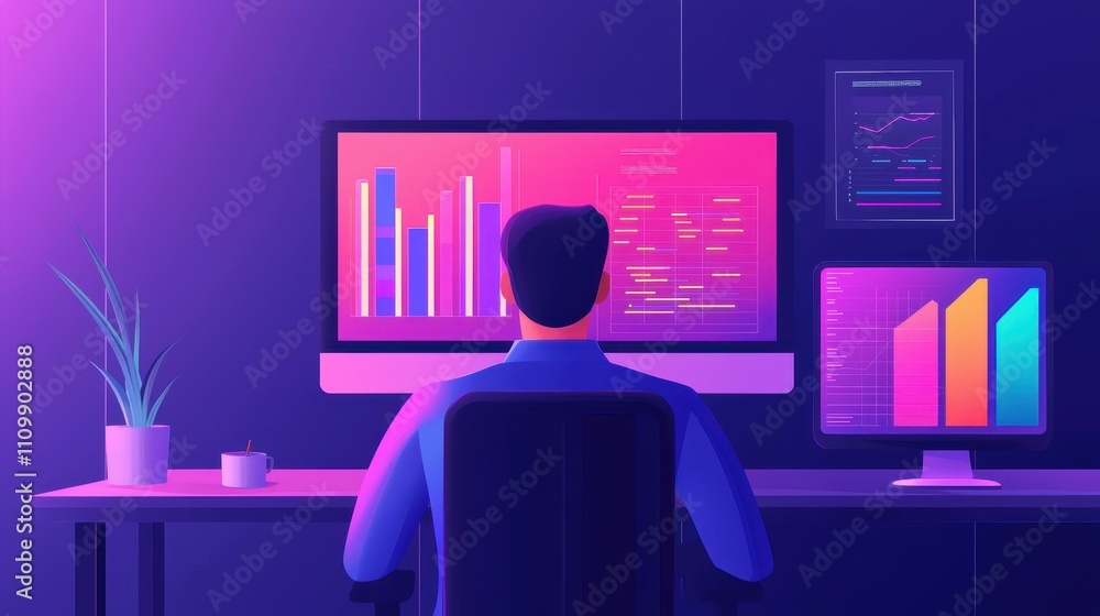 Poster a person analyzes colorful data visualizations on dual monitors in a modern, tech-inspired workspace