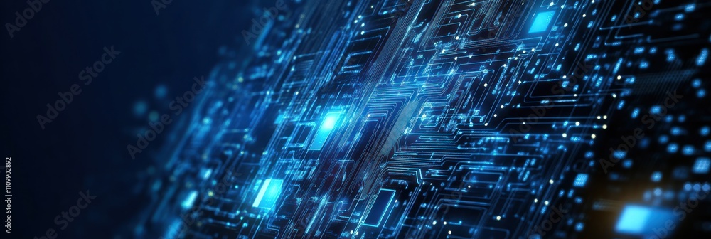 Poster abstract digital circuitry with glowing blue elements representing technology and innovation.
