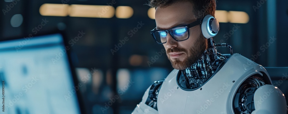 Aufkleber a futuristic robot-human hybrid concentrates on a computer screen, showcasing advanced technology an